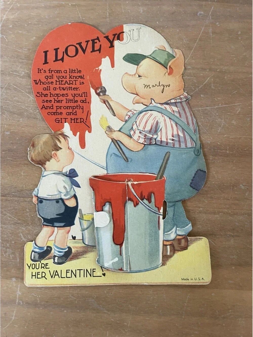 Pig Pig Painting I Love You With Little Boy Watching Card Valentine Greeting